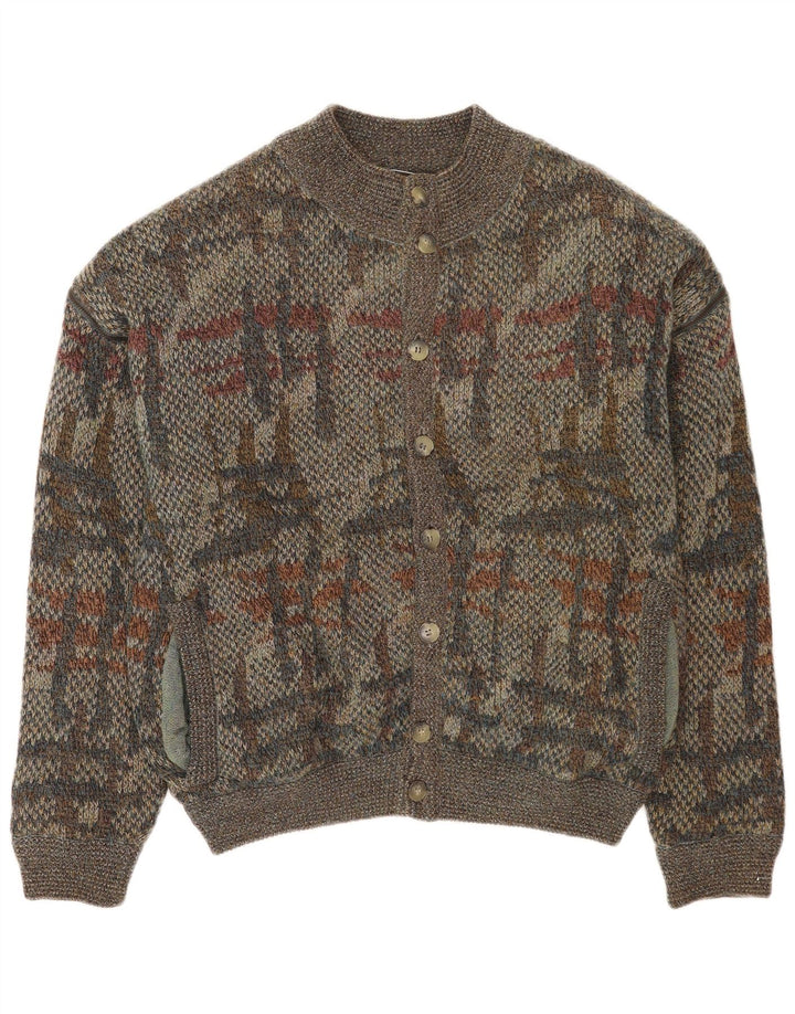 Винтажный мужской свитер-кардиган с абстрактным узором IT 48, средний серый цвет шерсти