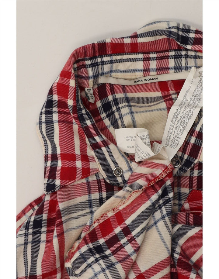 Женская фланелевая рубашка Zara UK 14, хлопковая ткань среднего красного цвета в клетку