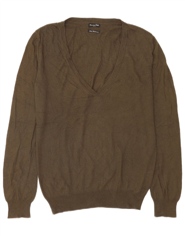 Женский джемпер с v-образным вырезом Massimo Dutti UK 14, средний, хаки, шелк