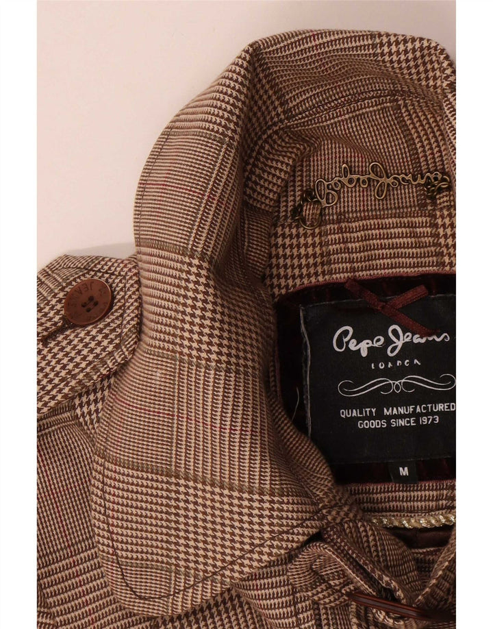 PEPE Jeans Женское полупальто с поясом UK 14 Средне-коричневый хлопок с узором «гусиные лапки»