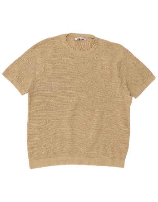 Женский джемпер с короткими рукавами и круглым вырезом Zara, размер UK 10, маленький, бежевый, хлопок