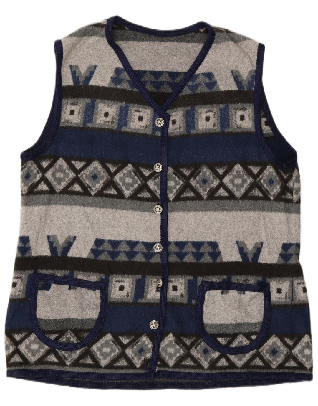 ВИНТАЖНЫЙ женский флисовый жилет UK 16, большой темно-синий с геометрическим узором