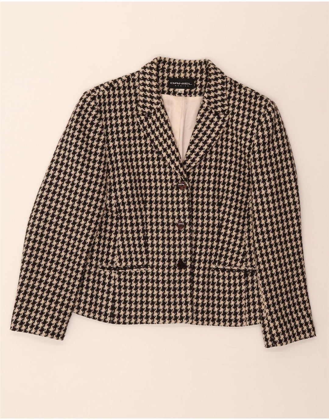 VINTAGE Womens 3 Button Blazer Jacket UK 12 Medium Black Houndstooth Vintage Vintage and Second-Hand Vintage from Messina Hembry 