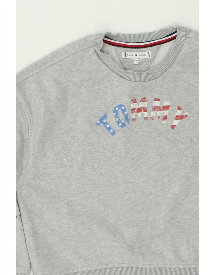 TOMMY HILFIGER Boys Graphic Sweatshirt Jumper 9-10 Years Grey Flecked Vintage Tommy Hilfiger and Second-Hand Tommy Hilfiger from Messina Hembry 