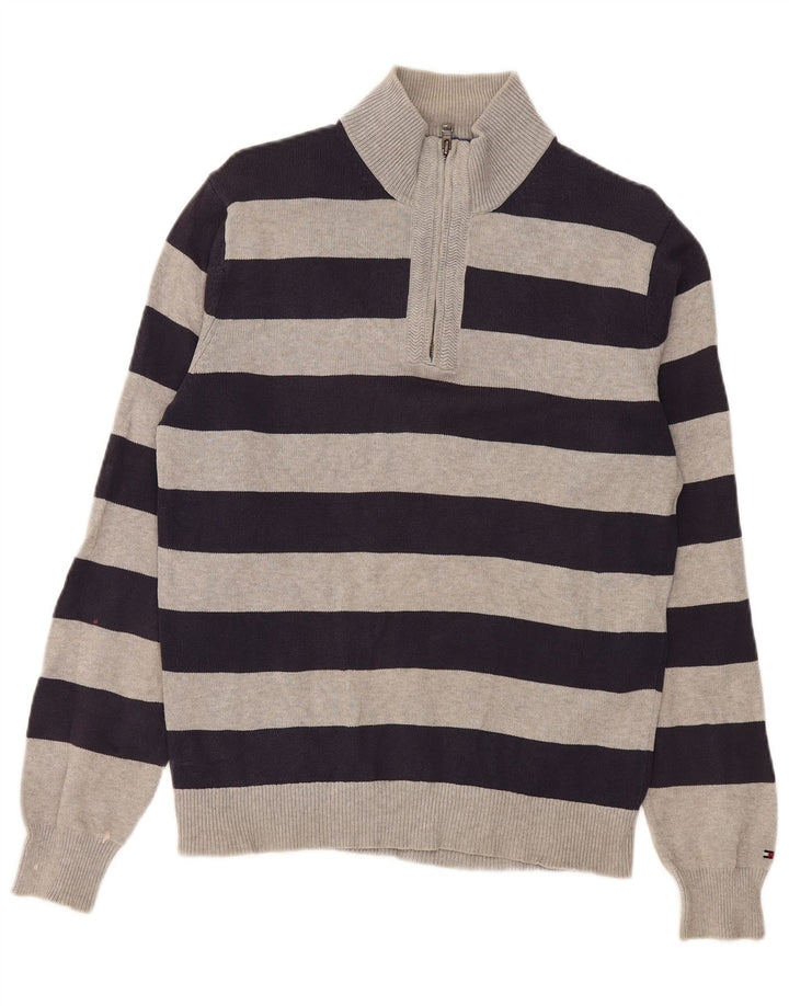 Tommy Hilfiger Мужской джемпер с воротником на молнии, хлопковый свитер среднего серого цвета в полоску