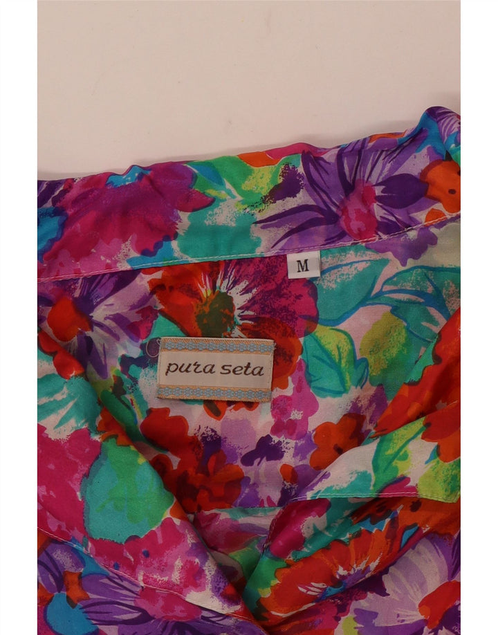 ВИНТАЖНАЯ Женская блузка-рубашка с коротким рукавом, Великобритания 14, средний разноцветный цветочный принт