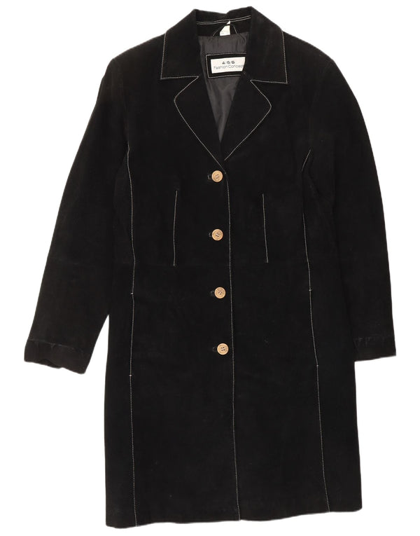 ВИНТАЖНОЕ Женское Замшевое Пальто UK 12 Среднее Черное Кожаное