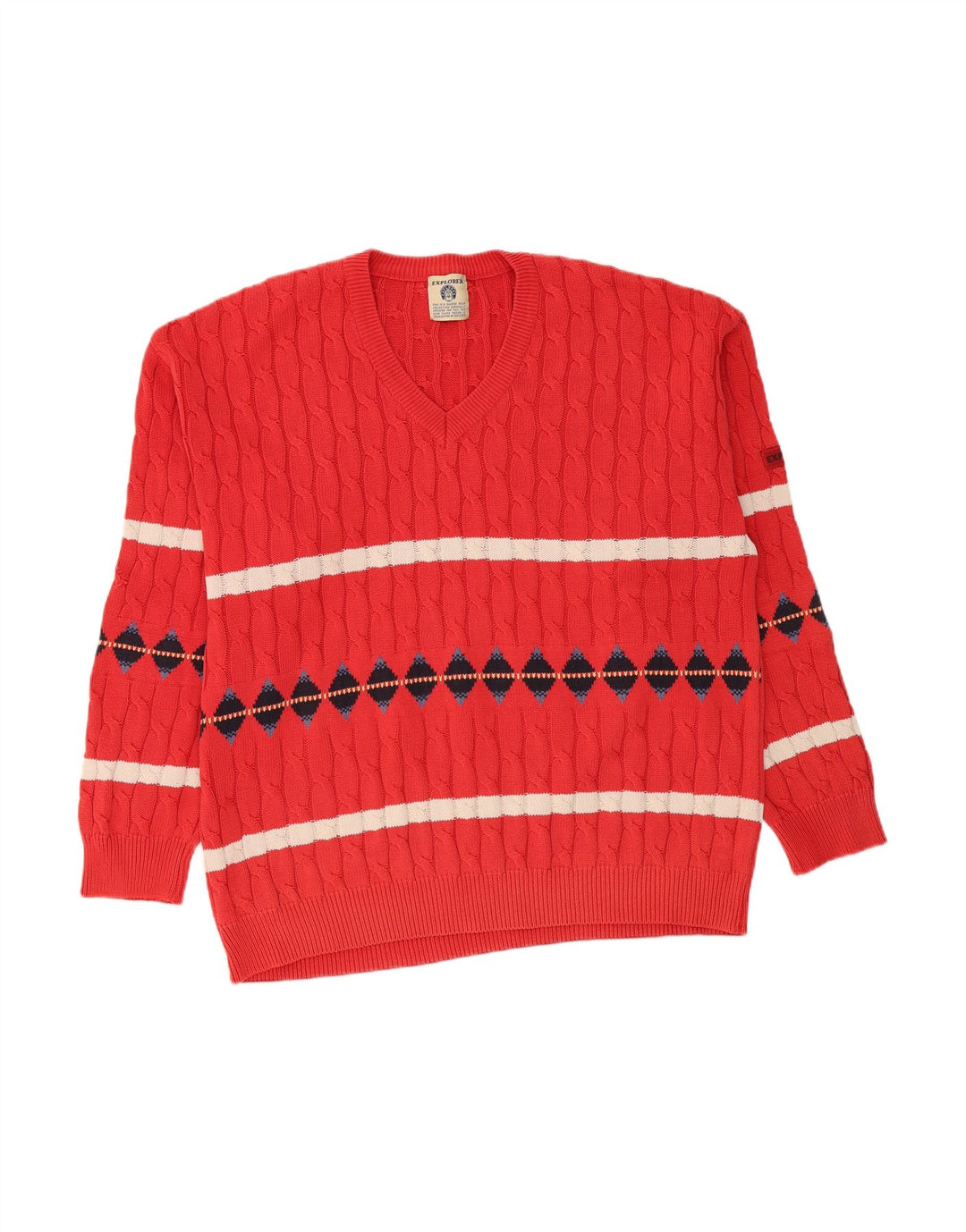 EXPLORER Mens V-Neck Jumper Sweater IT 56 2XL Red Striped