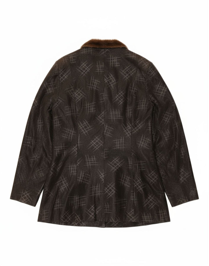 VINTAGE Womens Leather Coat UK 14 Medium Black Geometric Leather