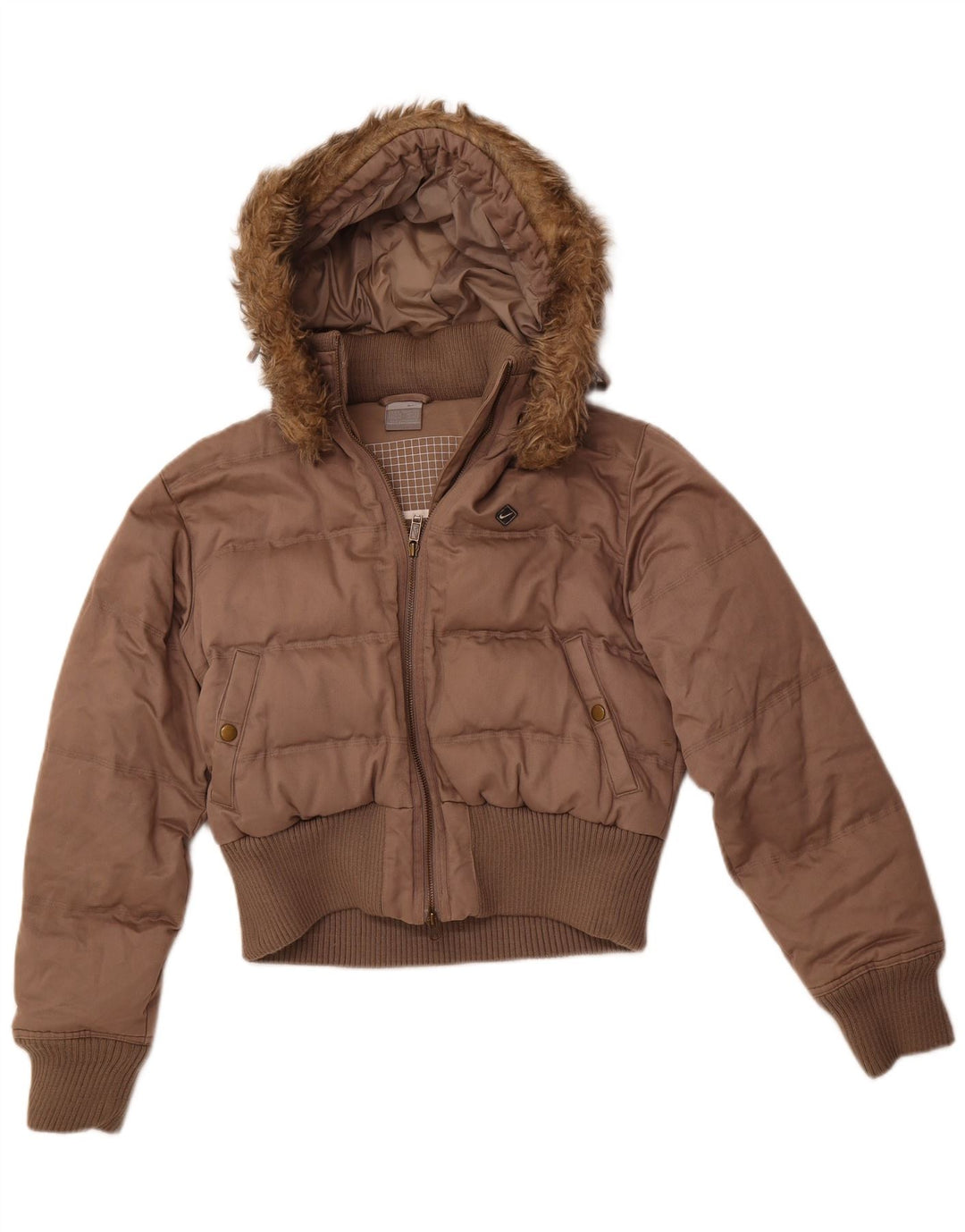 Женская укороченная утепленная куртка NIKE с капюшоном, Великобритания, маленький размер 8/10, коричневый полиэстер