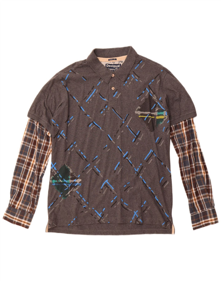 Мужская рубашка-поло Desigual с длинным рукавом стандартного размера XL, серая клетка, хлопок