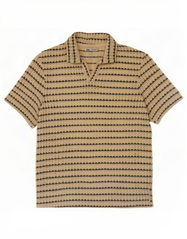 Zara Mens See Through Polo Shirt Medium Yellow Striped Cotton