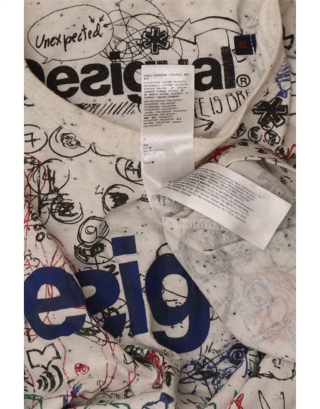 DESIGUAL Мужская футболка с абстрактным рисунком и графическим рисунком Топ среднего размера, белый хлопок