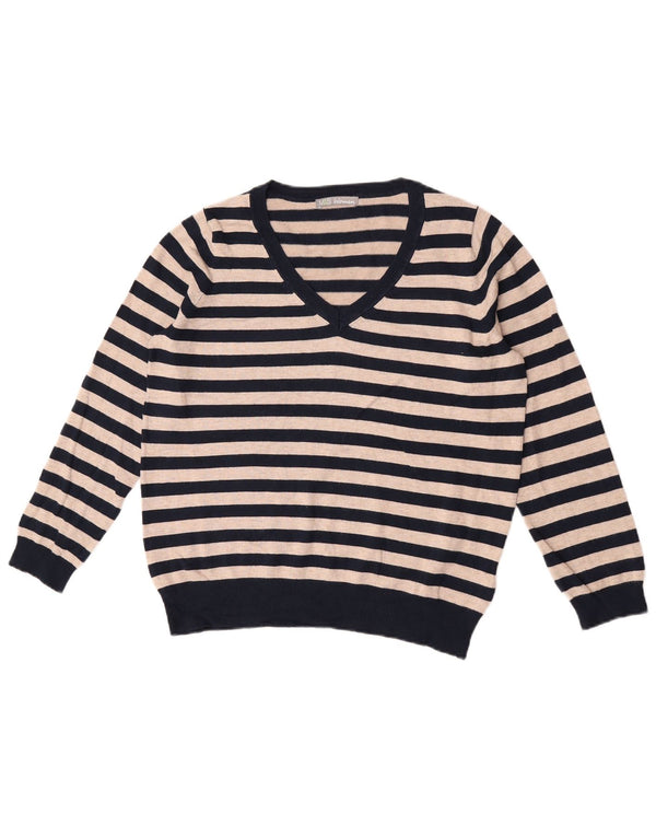 Marks & Spencer Womens V-Neck Jumper Sweater UK 16 Large Navy Blue Striped