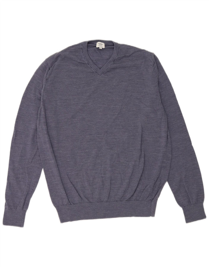 Мужской джемпер Celio с v-образным вырезом XL, синий в крапинку, мериносовая шерсть