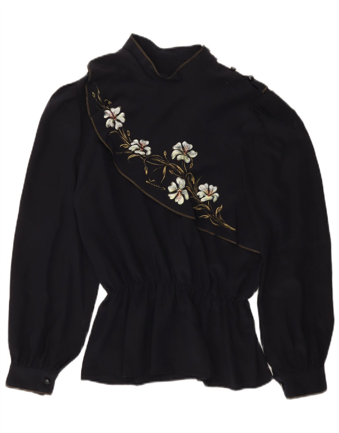 Винтажная женская блузка с длинным рукавом, топ UK 14, средний темно-синий с цветочным принтом