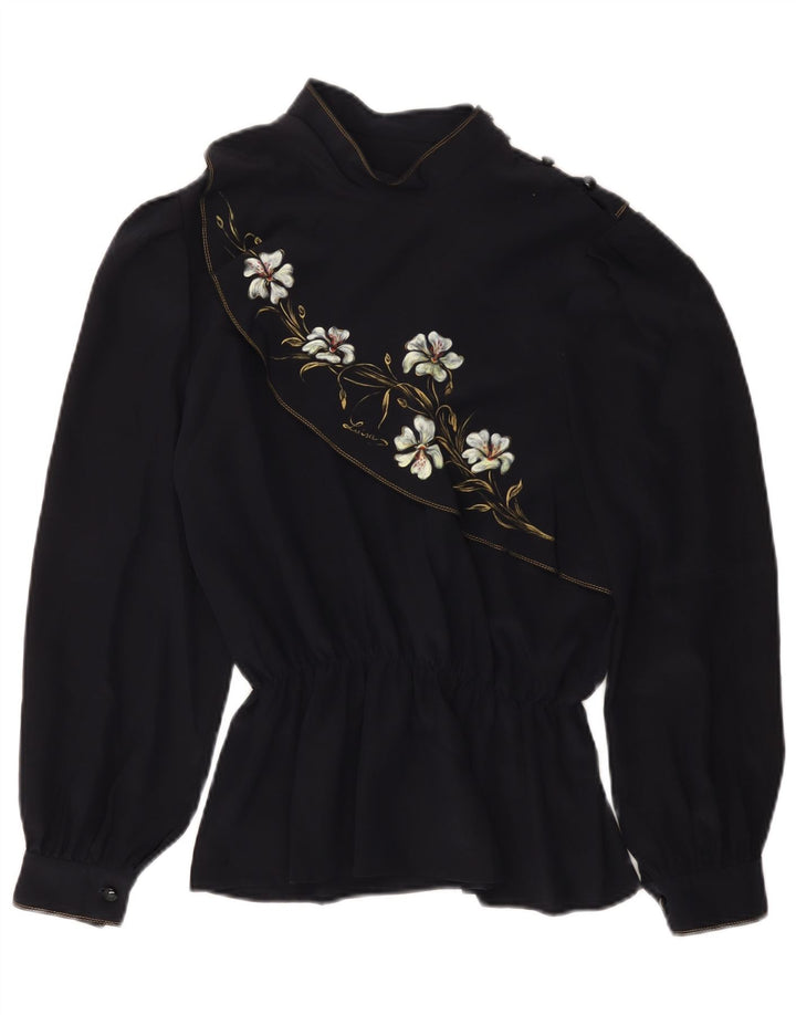 Винтажная женская блузка с длинным рукавом, топ UK 14, средний темно-синий с цветочным принтом