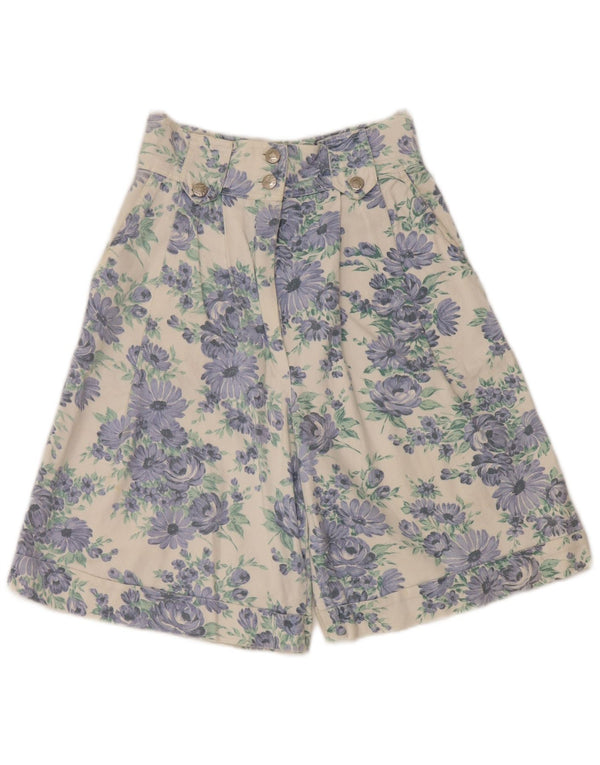 Винтажные женские шорты чинос с высокой талией и завязками, маленькие W26, белый хлопок с цветочным принтом