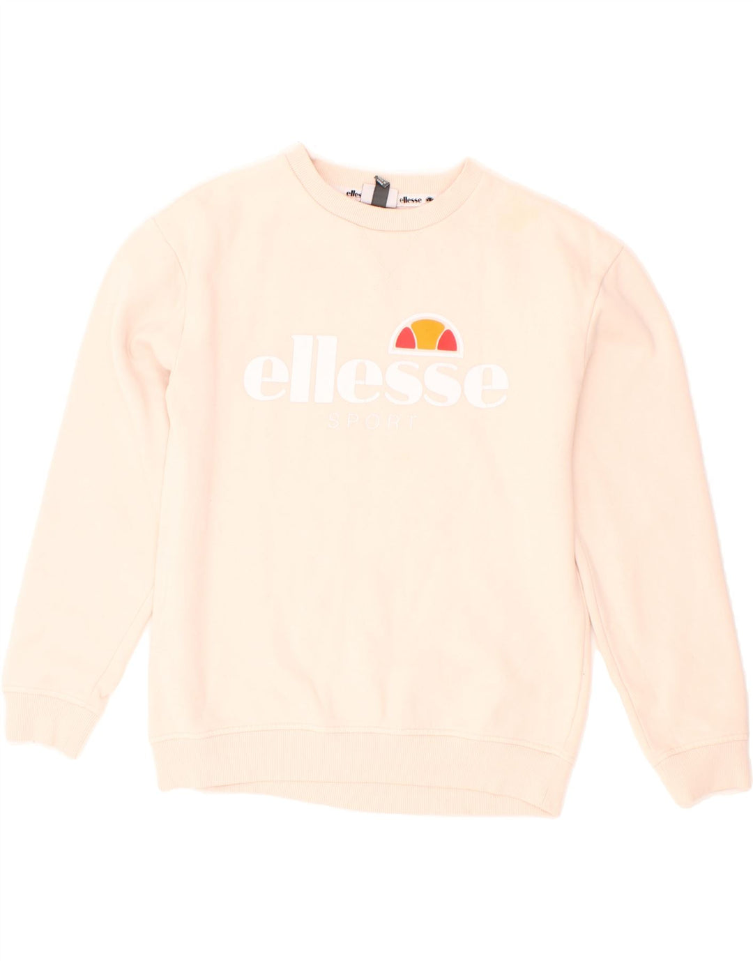ELLESSE Womens Graphic Sweatshirt Jumper UK 10 Small Beige Cotton Vintage Ellesse and Second-Hand Ellesse from Messina Hembry 