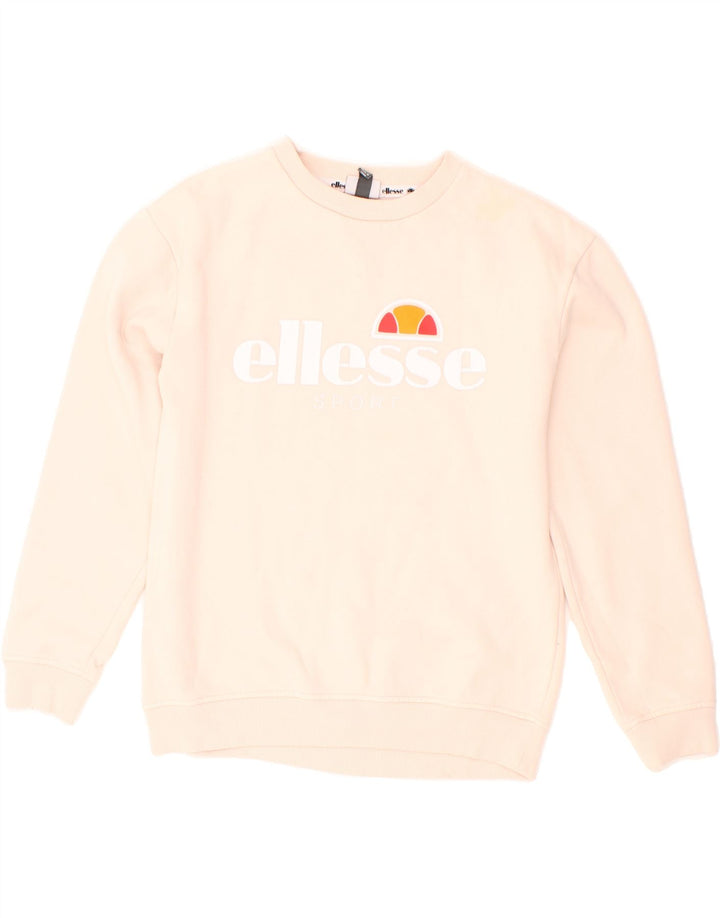 ELLESSE Womens Graphic Sweatshirt Jumper UK 10 Small Beige Cotton Vintage Ellesse and Second-Hand Ellesse from Messina Hembry 