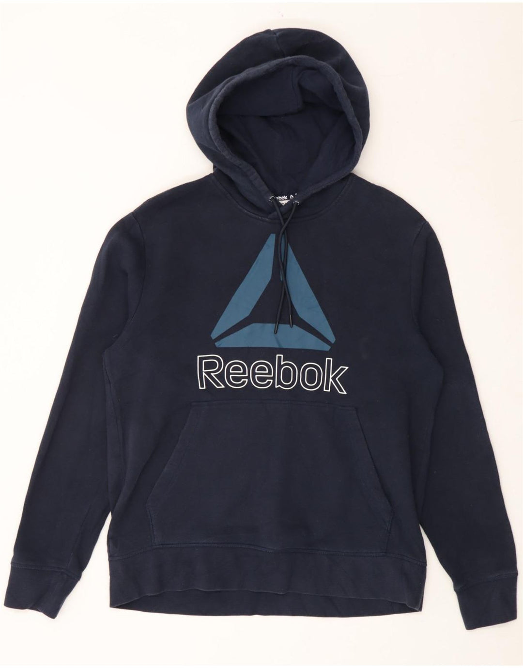 REEBOK Mens Graphic Hoodie Jumper Medium Navy Blue Cotton Vintage Reebok and Second-Hand Reebok from Messina Hembry 
