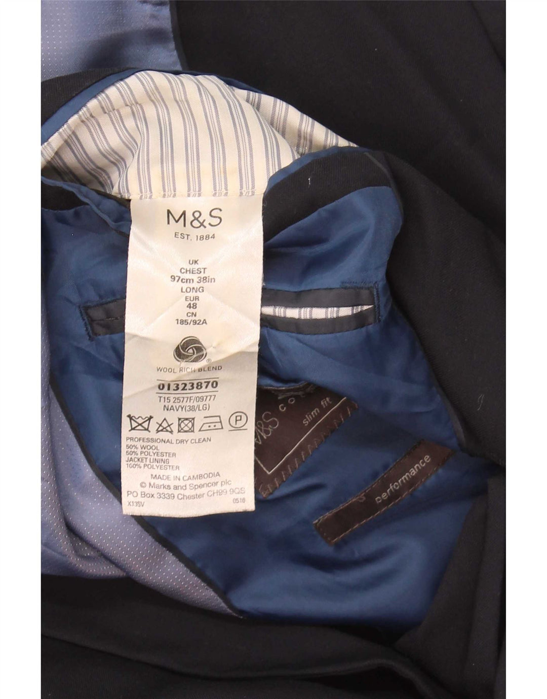 Мужской пиджак на двух пуговицах Marks & Spencer UK 38, средний темно-синий, шерстяной