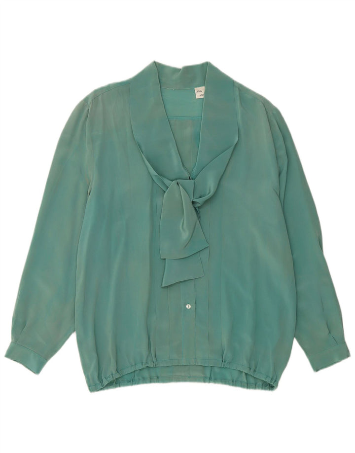 ВИНТАЖНАЯ женская блузка с длинными рукавами и завязками спереди, Великобритания, 16, большой зеленый шелк