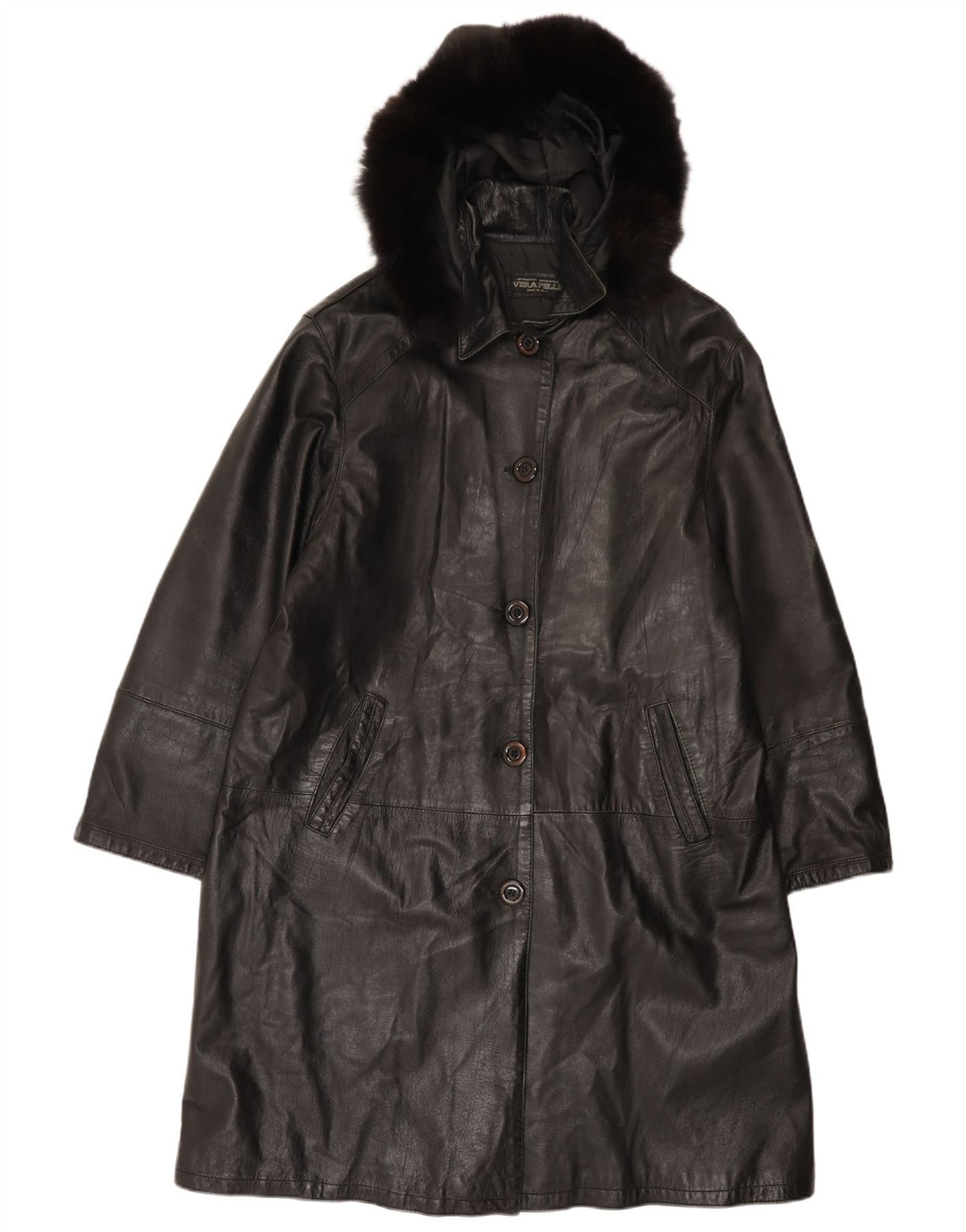 Винтажное женское кожаное пальто с капюшоном IT 48 XL, черное