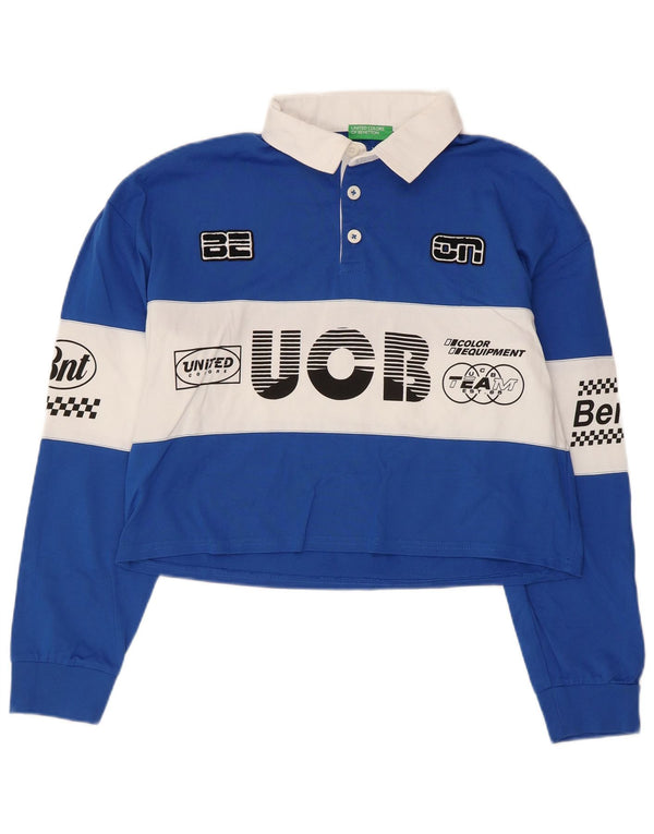 Benetton Womens Crop Graphic Rugby Polo Shirt UK 14 Medium Blue Colourblock