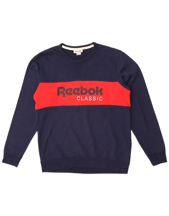 Мужской свитшот с рисунком Reebok, большой хлопковый джемпер темно-синего цвета с цветными блоками