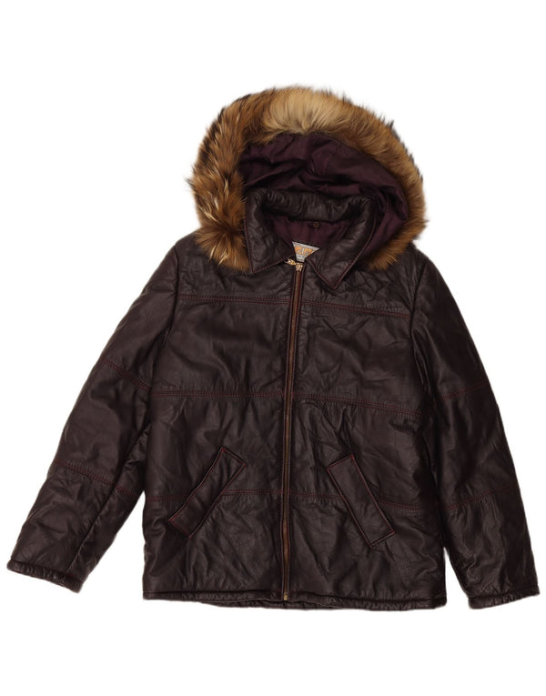 ВИНТАЖНАЯ женская кожаная куртка с капюшоном UK 16, большая темно-бордовая