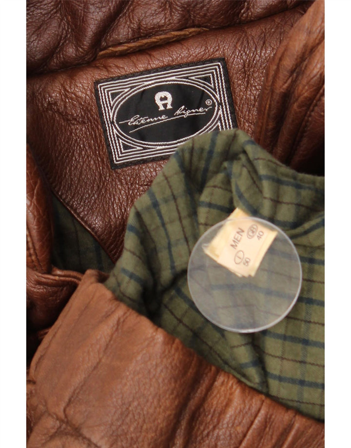 Мужское кожаное пальто свободного кроя Etienne Aigner UK 40, большое коричневое кожаное