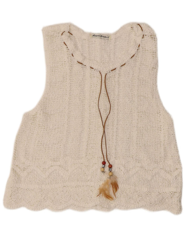 Винтажная женская блузка без рукавов, связанная крючком, топ UK 12, средний белый хлопок