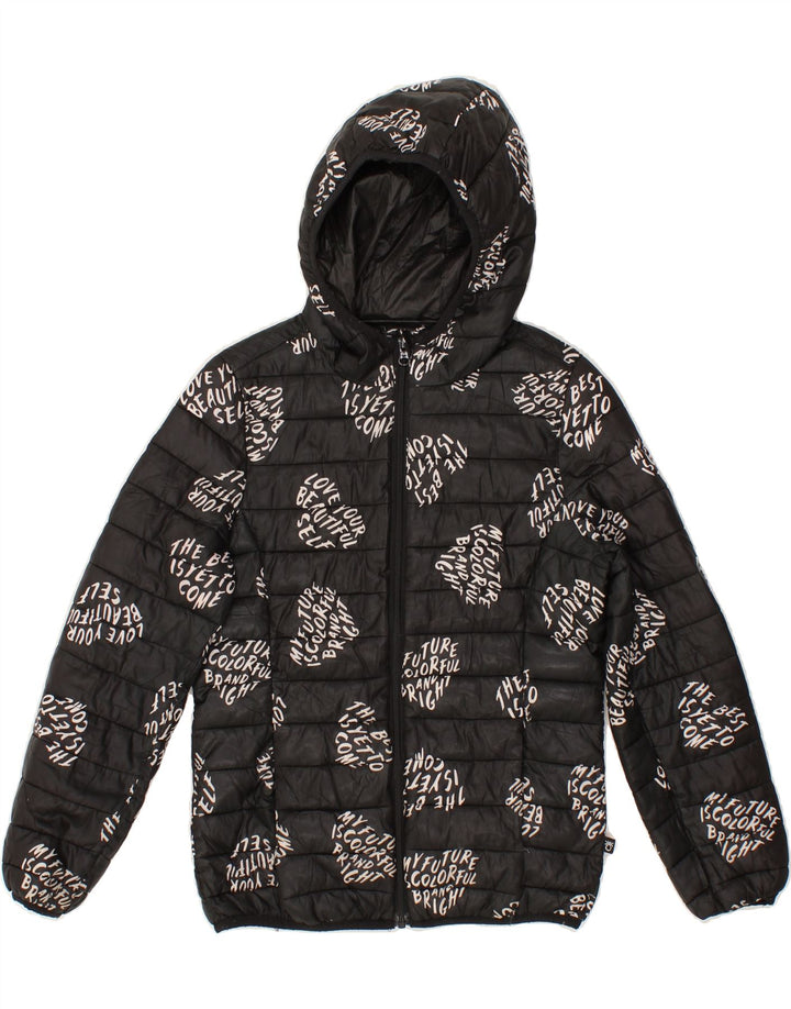 BENETTON Boys Graphic Hooded Padded Jacket 10-11 Years XL Black Polyester Vintage Benetton and Second-Hand Benetton from Messina Hembry 