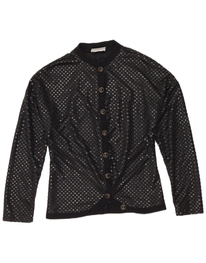 Винтажная женская блузка-рубашка UK 12, средний черный полиамид с геометрическим рисунком