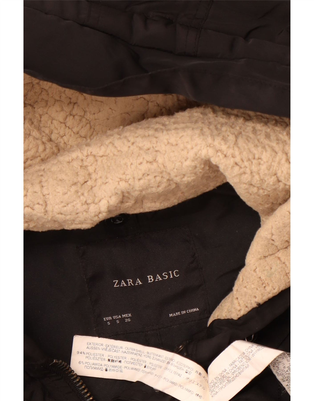 Женская парка Zara с капюшоном UK 10, маленький черный полиэстер