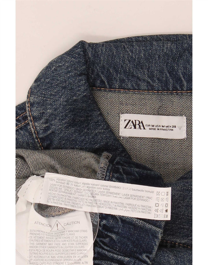 Женская укороченная джинсовая куртка оверсайз Zara UK 14, хлопок среднего синего цвета