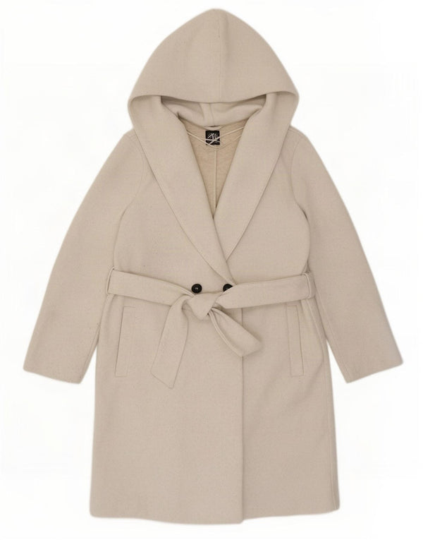 Женское двубортное пальто оверсайз с капюшоном Zara UK 10, маленькое бежевое