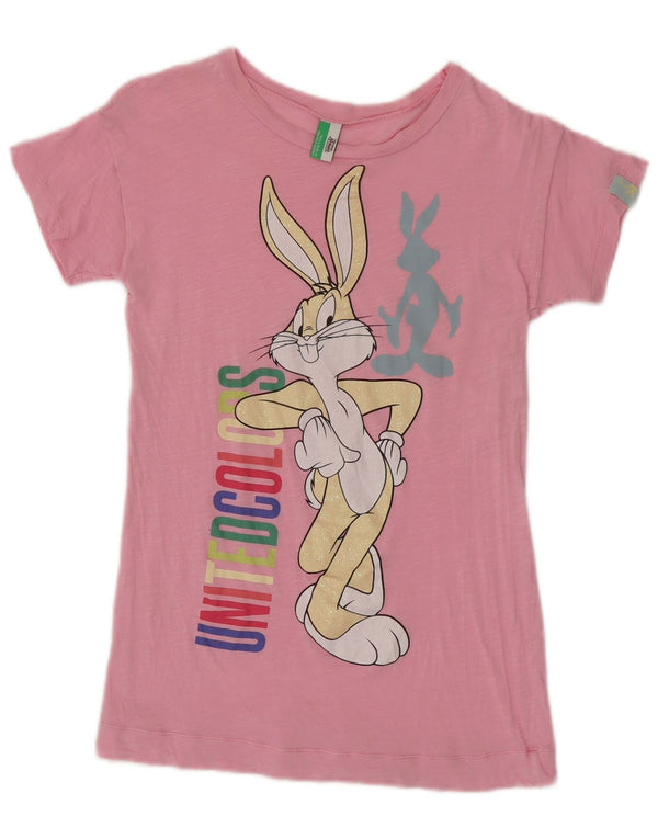 Футболка с рисунком Benetton для девочек Bugs Bunny, хлопковый топ 7–8 лет, средний розовый цвет