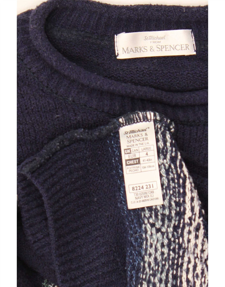 Мужской джемпер с круглым вырезом Marks & Spencer, большой темно-синий с жаккардовым узором