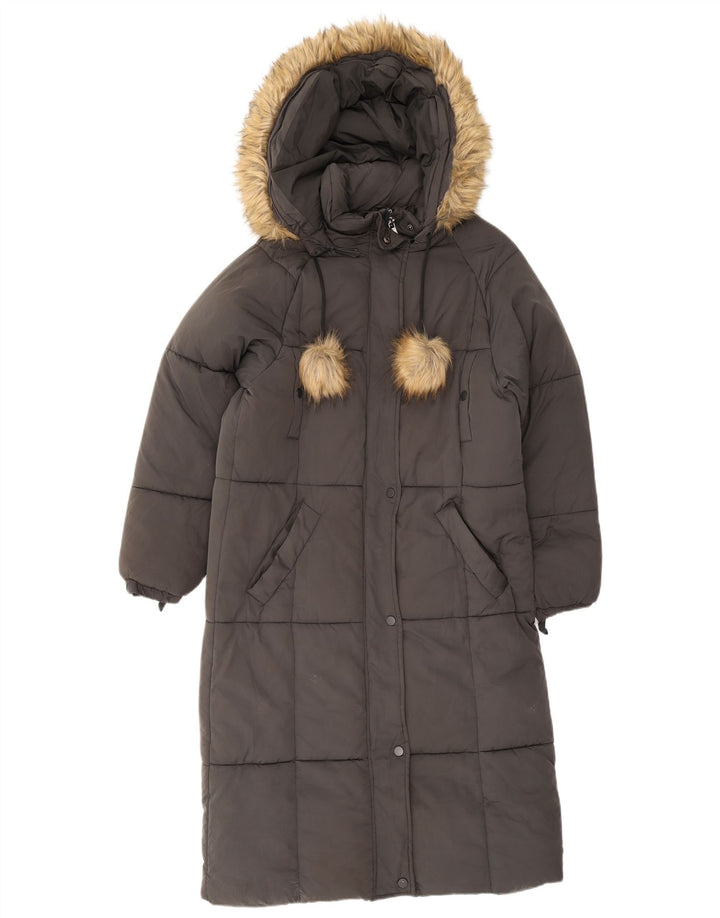 Женское длинное стеганое пальто с капюшоном Zara UK 6 XS, серый полиэстер