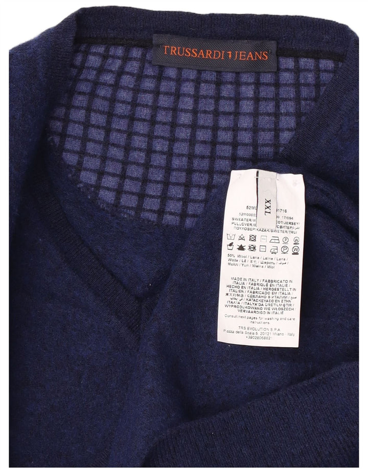 TRUSSARDI Мужской джемпер с v-образным вырезом 2XL темно-синий, шерсть