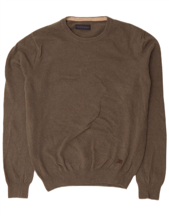 Мужской джемпер TRUSSARDI с круглым вырезом, большой серый шерстяной свитер