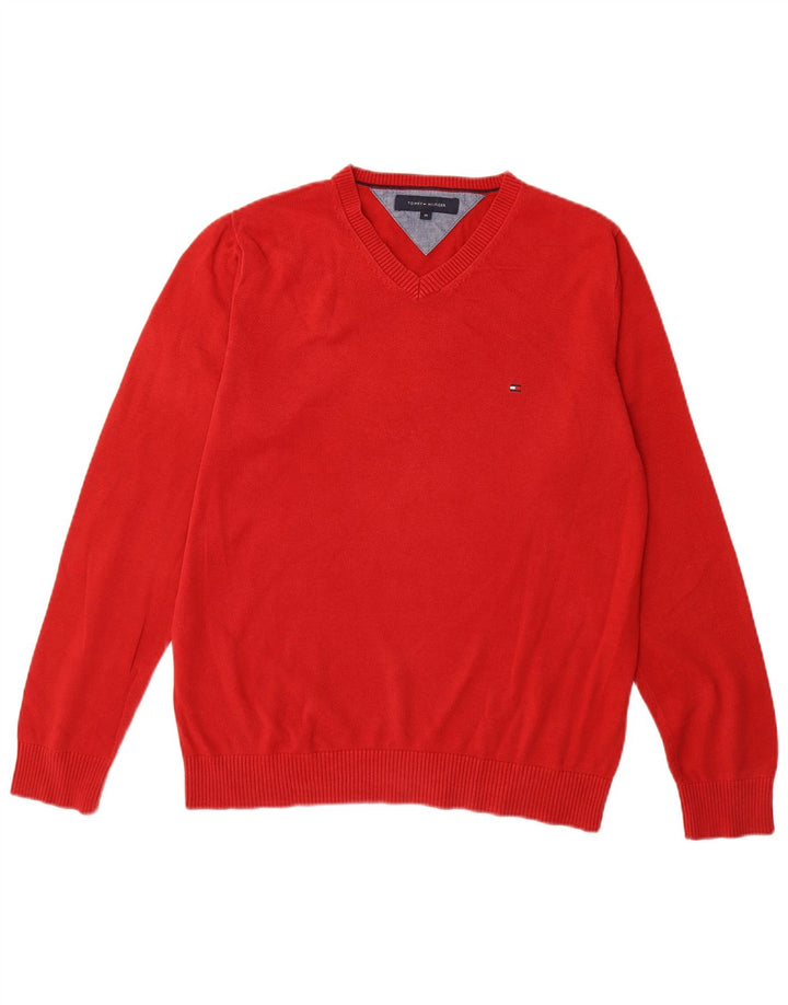 TOMMY HILFIGER Мужской джемпер с v-образным вырезом, средний красный хлопковый свитер