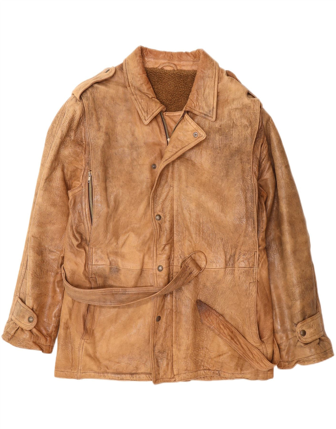 Мужская кожаная куртка в стиле милитари VINTAGE UK 42 XL бежевого цвета