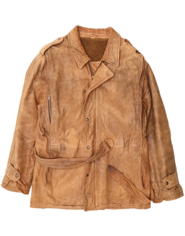 Мужская кожаная куртка в стиле милитари VINTAGE UK 42 XL бежевого цвета