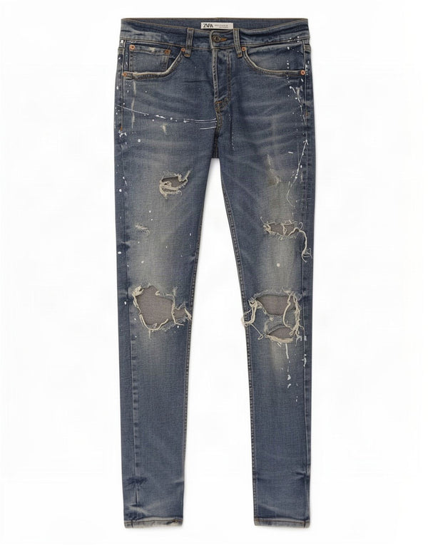 Мужские потертые узкие джинсы Zara EU 38, маленькие W28 L30, синие, хлопок