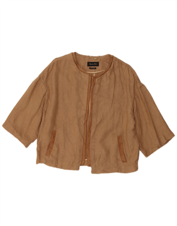 Женский открытый блейзер с рукавами 3/4 Massimo Dutti UK 16, большой коричневый льняной пиджак