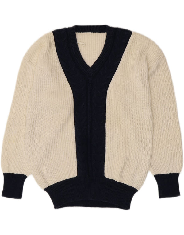 ВИНТАЖНЫЙ женский джемпер с v-образным вырезом, Великобритания 16, большой белый цвет с цветными блоками