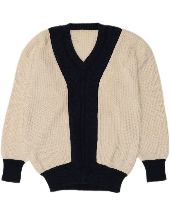 ВИНТАЖНЫЙ женский джемпер с v-образным вырезом, Великобритания 16, большой белый цвет с цветными блоками